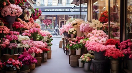 Flower shop in Paris, France. Bouquets of flowers in pots.