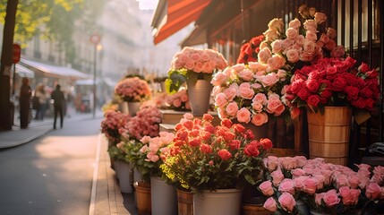 Flowers in a flower shop on a street in Paris, France
