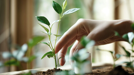 A hand is planting a small plant in the dirt