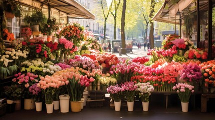 Fototapeta na wymiar Flower market in Paris, France. Panoramic view.