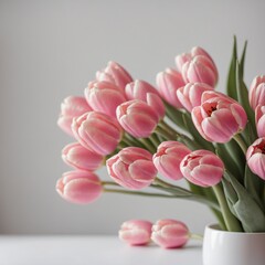 Bouquet of pink tulips on a white table