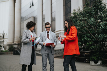 Obraz premium Three business associates engaged in a serious discussion with documents, in a downtown setting.