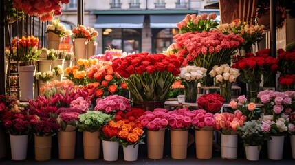 Flowers at a flower market in Paris, France. Blurred background