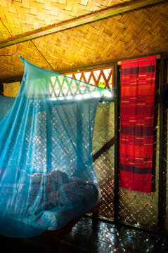 Interior design, a bedroom with mosquito net