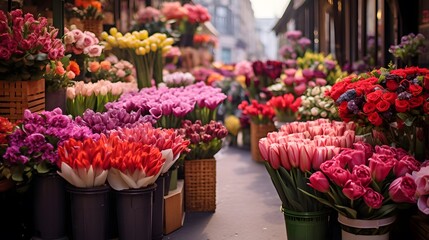 Fototapeta na wymiar Flower shop in Paris, France. Bouquets of red and pink tulips in a flower shop