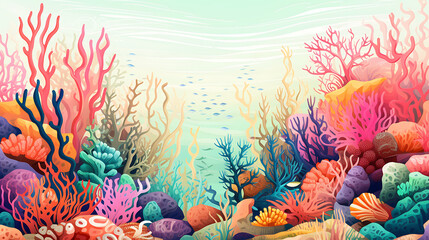 A vector graphic of a coral reef with marine life.