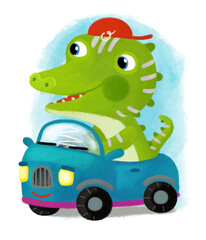 cartoon scene with dino dinosaur or dragon driver playing having fun driving car on white background illustration for children
