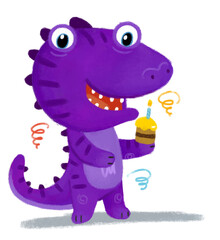 cartoon scene with dino dinosaur or dragon playing having fun on his birthday eating sweets white background illustration for children