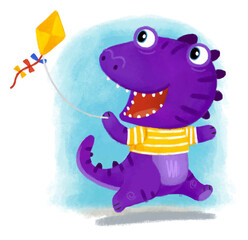 cartoon scene with dino dinosaur or dragon playing having fun on white background illustration for children
