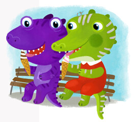 cartoon scene with dinos dinosaurs or dragons playing having fun on a bench in the park on white background illustration for children