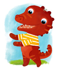 cartoon scene with dino dinosaur or dragon playing having fun on white background illustration for children