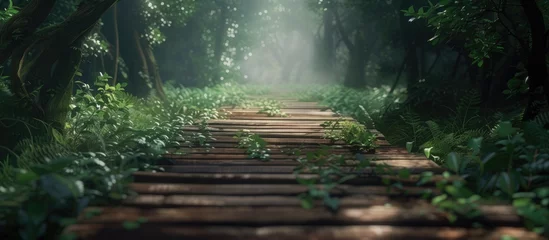 Fototapeten A wooden pathway snakes through a dense forest, surrounded by green foliage and towering trees. The pathway provides direction amidst the natural beauty of the forest. © AkuAku