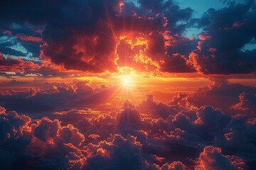 a beautiful sunset in the sky, in the style of gauzy atmospheric landscapes, god rays, photo-realistic landscapes, lightbox, dark azure and orange. Generative AI