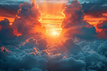 a beautiful sunset in the sky, in the style of gauzy atmospheric landscapes, god rays, photo-realistic landscapes, lightbox, dark azure and orange. Generative AI - obrazy, fototapety, plakaty