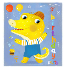 cartoon scene with dino dinosaur or dragon playing having fun on his birthday eating sweets white background illustration for children