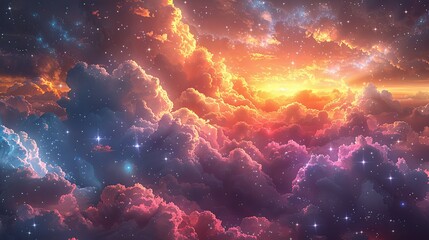 Obraz na płótnie Canvas a colorful cloud filled with stars above a sky, in the style of realistic fantasy artwork, birds-eye-view. Generative AI