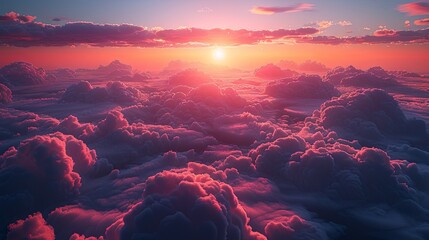 a nice sunrise view of a bright pink sky with clouds below, in the style of photorealistic details, photo-realistic landscapes, aerial view. Generative AI - obrazy, fototapety, plakaty