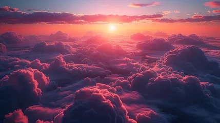 Foto op Aluminium a nice sunrise view of a bright pink sky with clouds below, in the style of photorealistic details, photo-realistic landscapes, aerial view. Generative AI © Skiffcha