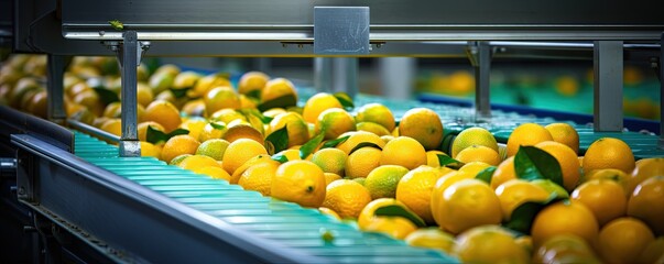 Modern production lines wash and clean citrus fruits Copy space image Place for adding text or design