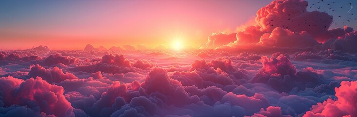 a sky with clouds and birds at sunset, in the style of dark pink and light azure, nostalgic mood, photo-realistic landscapes, dark pink and light orange. Generative AI - obrazy, fototapety, plakaty