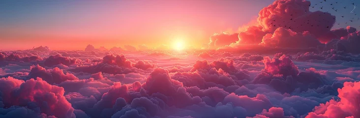 Foto op Canvas a sky with clouds and birds at sunset, in the style of dark pink and light azure, nostalgic mood, photo-realistic landscapes, dark pink and light orange. Generative AI © Skiffcha