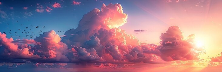 a sky with clouds and birds at sunset, in the style of dark pink and light azure, nostalgic mood, photo-realistic landscapes, dark pink and light orange. Generative AI
