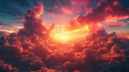 a sky with clouds and stars, in the style of colorful fantasy realism, aerial view, faith-inspired art, photorealistic landscapes, sunrays shine upon it, romantic scenery. Generative AI - obrazy, fototapety, plakaty