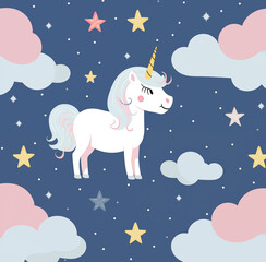 Obraz na płótnie Canvas Vector flat illustration of a whimsical unicorn among stars and clouds on a dark blue sky, perfect for children's fantasy and bedtime stories