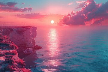 a sunset on a clifftop near the ocean, in the style of light turquoise and pink, retro filters, ethereal cloudscapes, solarizing master, white background, photo-realistic compositions, natural phenome