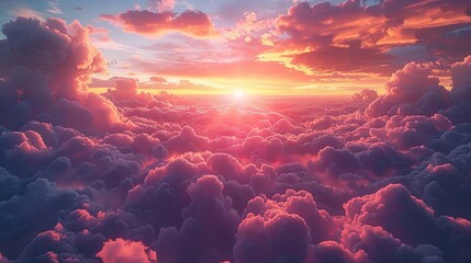 a sunrise over the sky with clouds, in the style of photorealistic, aerial view, realistic landscapes with soft edges, photo-realistic landscapes, realistic scenery. Generative AI
