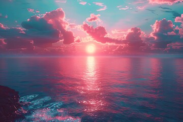 a sunset on a clifftop near the ocean, in the style of light turquoise and pink, retro filters, ethereal cloudscapes, solarizing master, white background, photo-realistic compositions, natural phenome