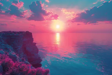 Foto op Canvas a sunset on a clifftop near the ocean, in the style of light turquoise and pink, retro filters, ethereal cloudscapes, solarizing master, white background, photo-realistic compositions, natural phenome © Skiffcha