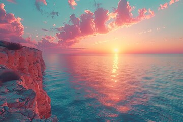Fototapeta premium a sunset on a clifftop near the ocean, in the style of light turquoise and pink, retro filters, ethereal cloudscapes, solarizing master, white background, photo-realistic compositions, natural phenome