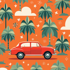 Vector flat illustration a retro red vehicle with tropical palm surroundings on an orange field, perfect for summer, travel, and vintage design projects