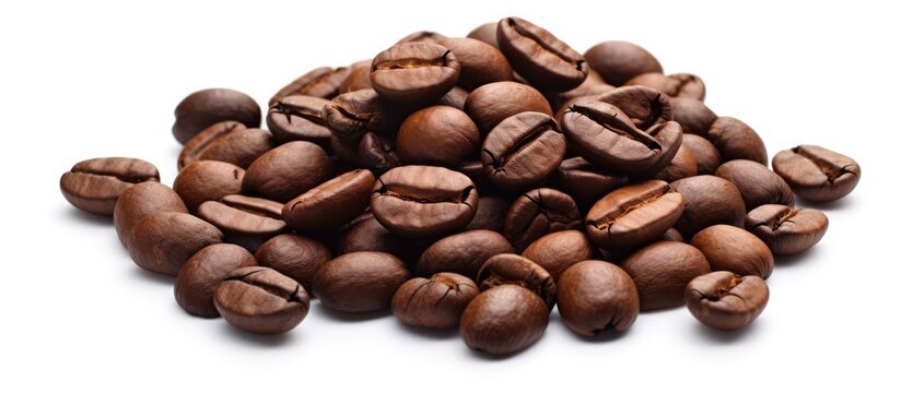 A pile of delicious coffee beans is displayed on a white background. The rich color and aroma of the coffee beans are prominent in the image, making it ideal for any coffee enthusiast.