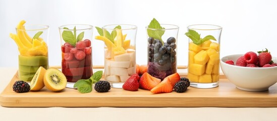 A wooden tray is filled with glasses of summer fruit salad containing organic mango, peach, apple, banana, kiwi, strawberry, and blackberries. The glasses are neatly arranged on the tray, creating a