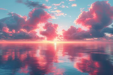 an interesting image of the sunset with cloudy sky and water, in the style of light turquoise and pink, photorealistic pastiche, soft color fields, lively coastal landscapes. Generative AI