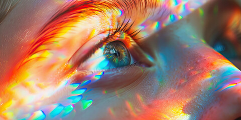 Opal Optimism Macro Background. A hopeful close-up of a person looking up at a rainbow after a storm, with vibrant colors and a sense of renewal, representing optimism and hope for the future - obrazy, fototapety, plakaty