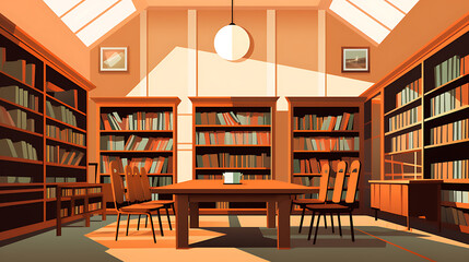 A vector graphic of a quiet library with bookshelves.