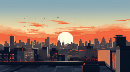A vector graphic of a rooftop view of a city skyline.
