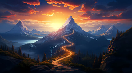 Road to success concept, glowing mountain ladder