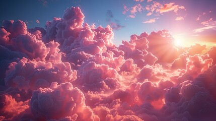 pink sky above clouds, in the style of photorealistic fantasies, light magenta, chromatic landscape, hyper-detailed. Generative AI