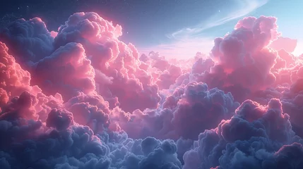Zelfklevend Fotobehang pink sky above clouds, in the style of photorealistic fantasies, light magenta, chromatic landscape, hyper-detailed. Generative AI © Skiffcha