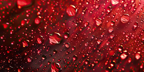 Ruby Raindrops Macro Background. A striking close-up of crimson red raindrops on a windowpane, with glistening surfaces and vibrant colors, capturing the beauty of a rainy day. - obrazy, fototapety, plakaty