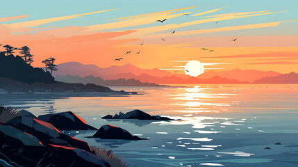A vector graphic of a serene seascape at sunrise.
