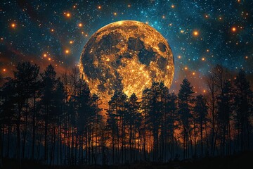 Fototapeta na wymiar moonrise sky, stars, milky and trees, in the style of spectacular backdrops, realistic usage of light and color, panoramic scale . Generative AI
