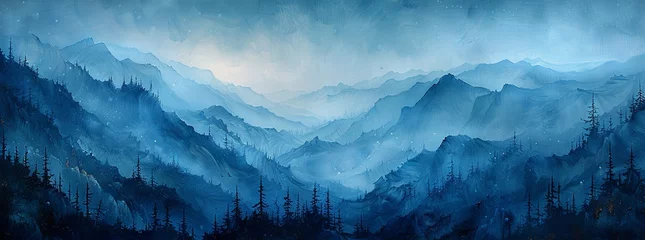 Foto op Plexiglas night sky shot, in the style of realistic scenery, light indigo, mountainous vistas, canvas texture emphasis, realistic landscapes with soft edges. generative AI © Skiffcha