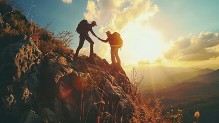 Hiker helping friend reach the mountain, Holding hands and walking up the mountain - Powered by Adobe