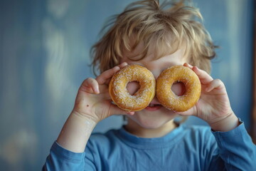 A child holds two donuts and shields it over his eyes