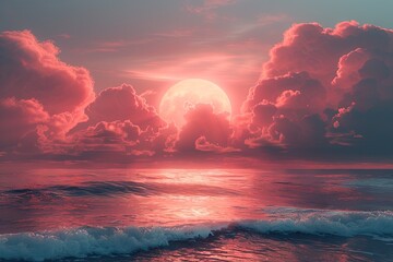 rainbow sun and clouds on the ocean, in the style of soft pastel tones, light red and dark cyan, landscape photography, romantic landscape, high horizon lines. Generative AI